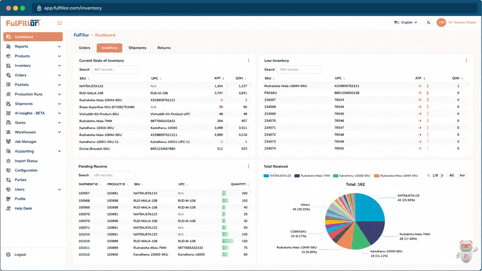 Fulfillor WMS inventory dashboard