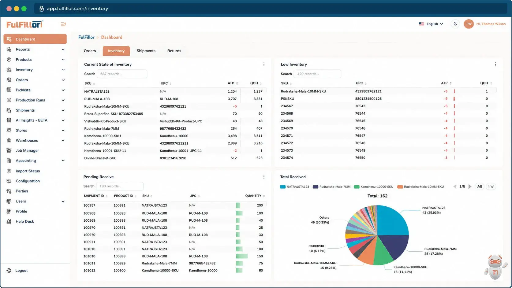 Fulfillor WMS inventory dashboard