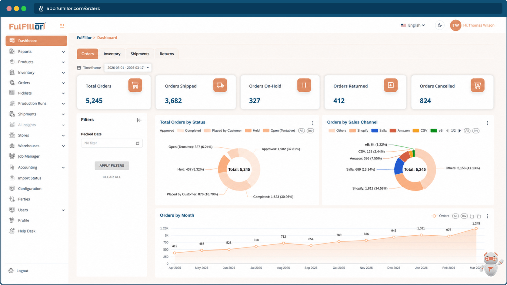 Fulfillor WMS orders dashboard