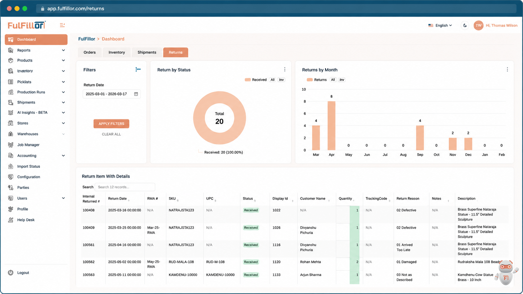 Fulfillor returns dashboard