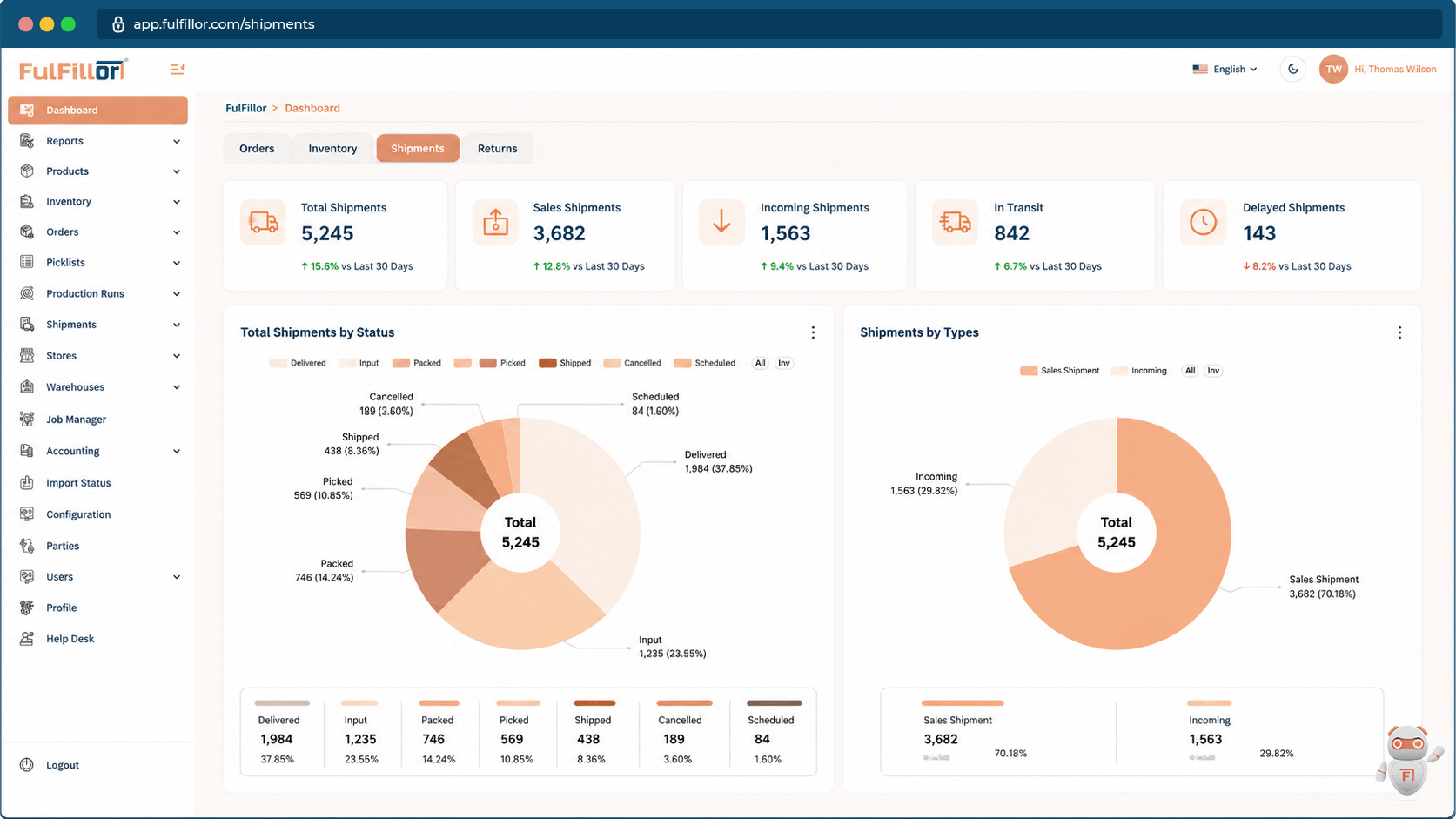 Fulfillor WMS shipments dashboard