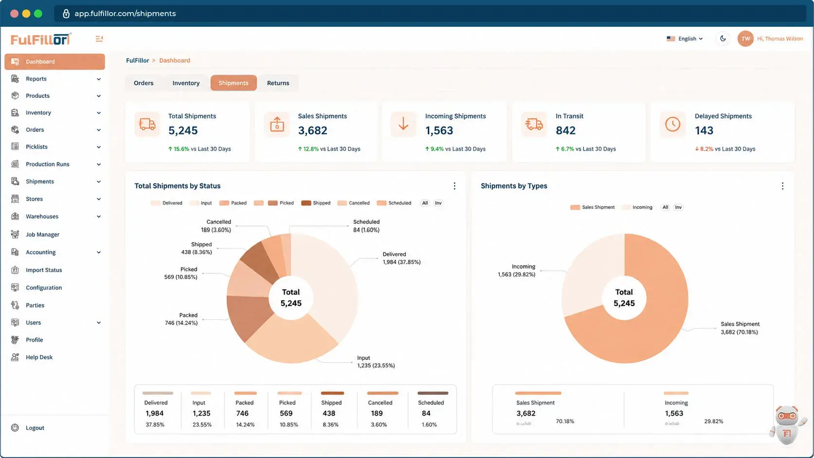 Fulfillor WMS shipments dashboard