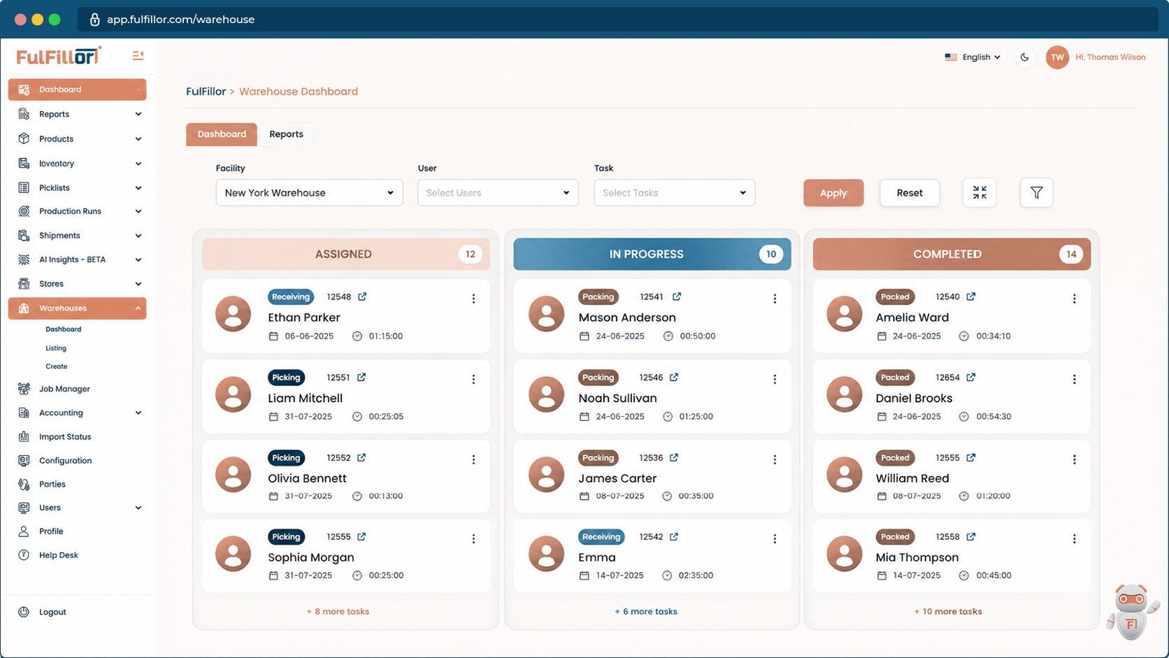 Fulfillor WMS warehouse dashboard