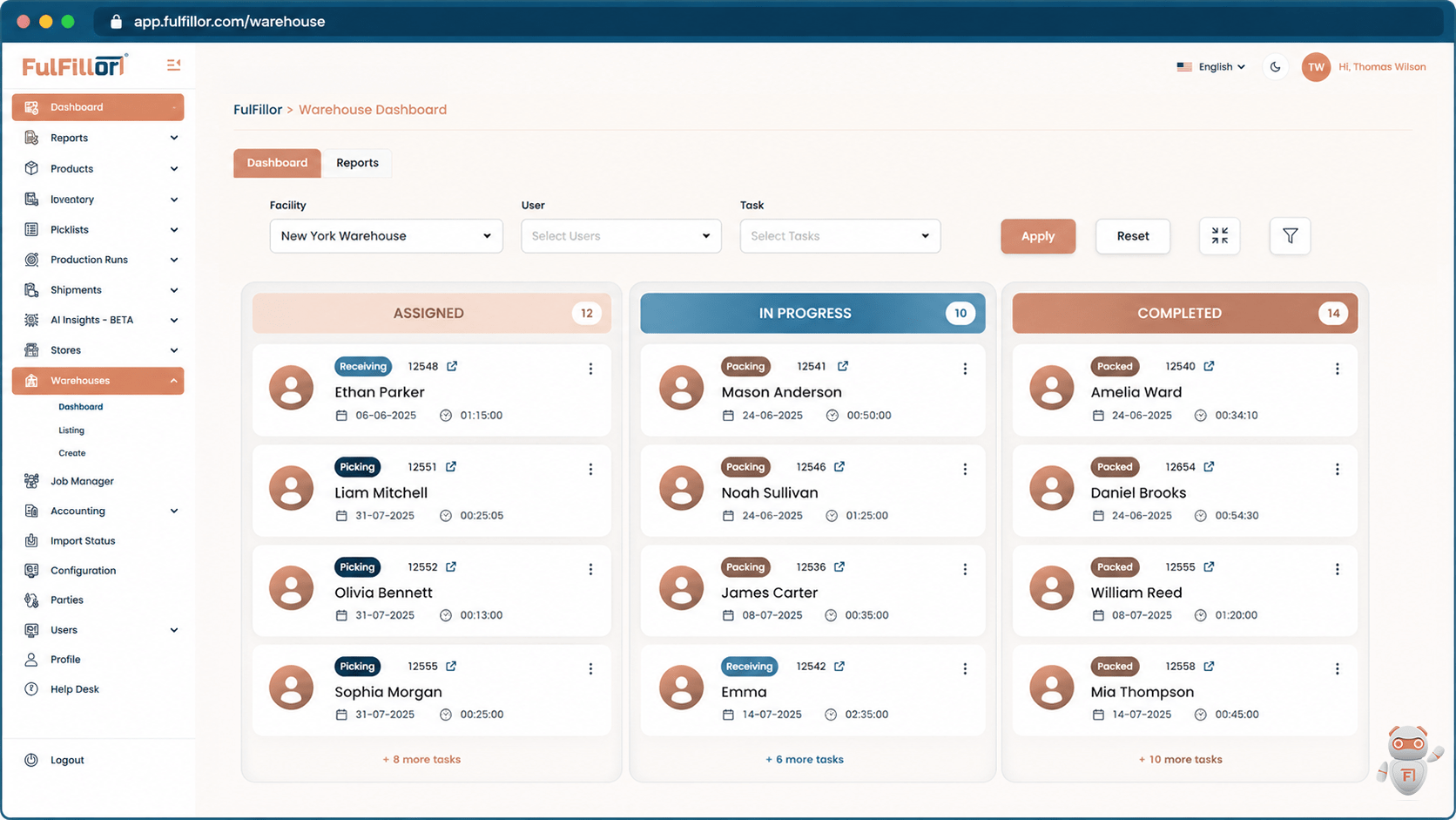 Fulfillor warehouse dashboard