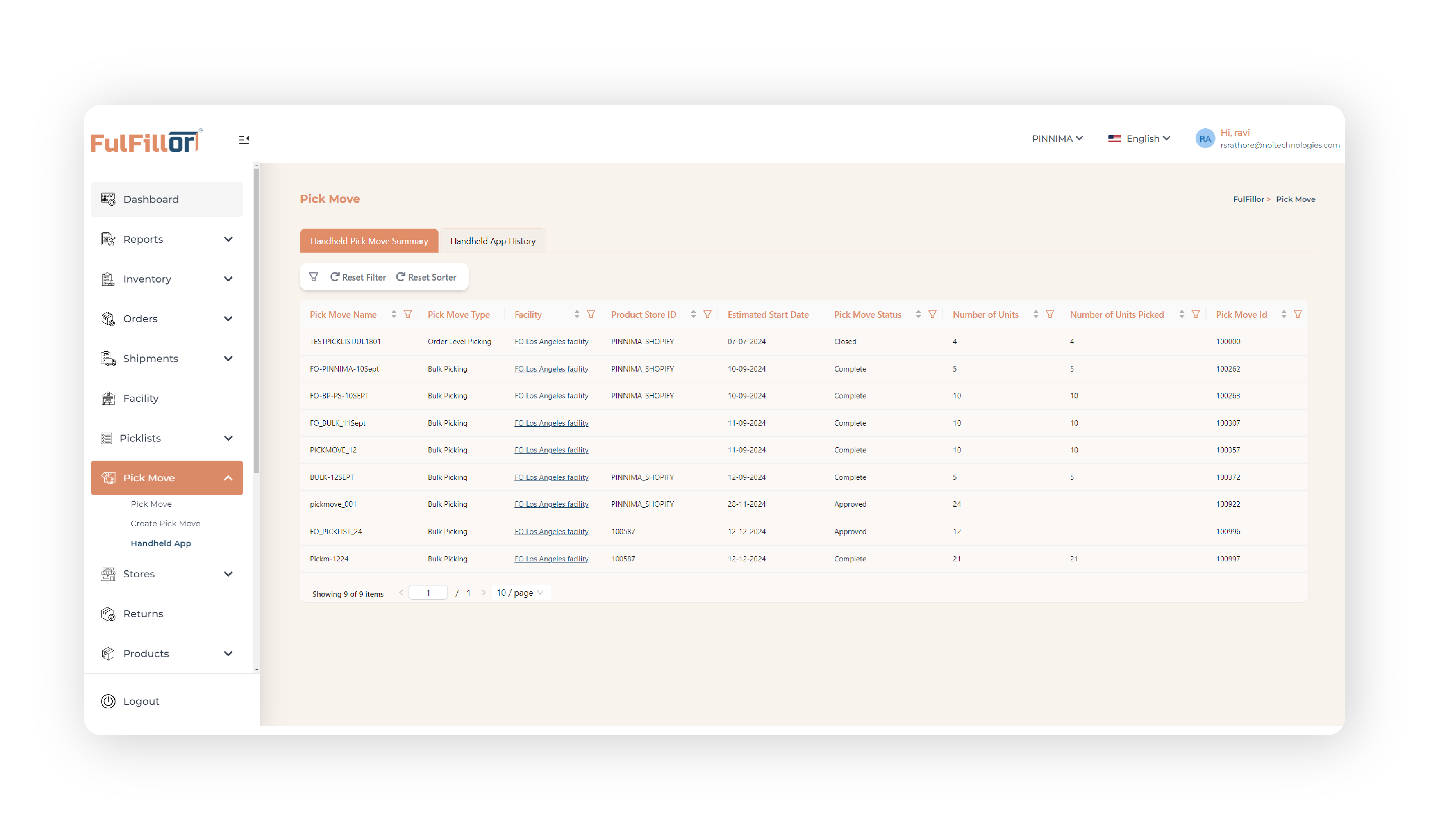 Fulfillor Pick Move Table