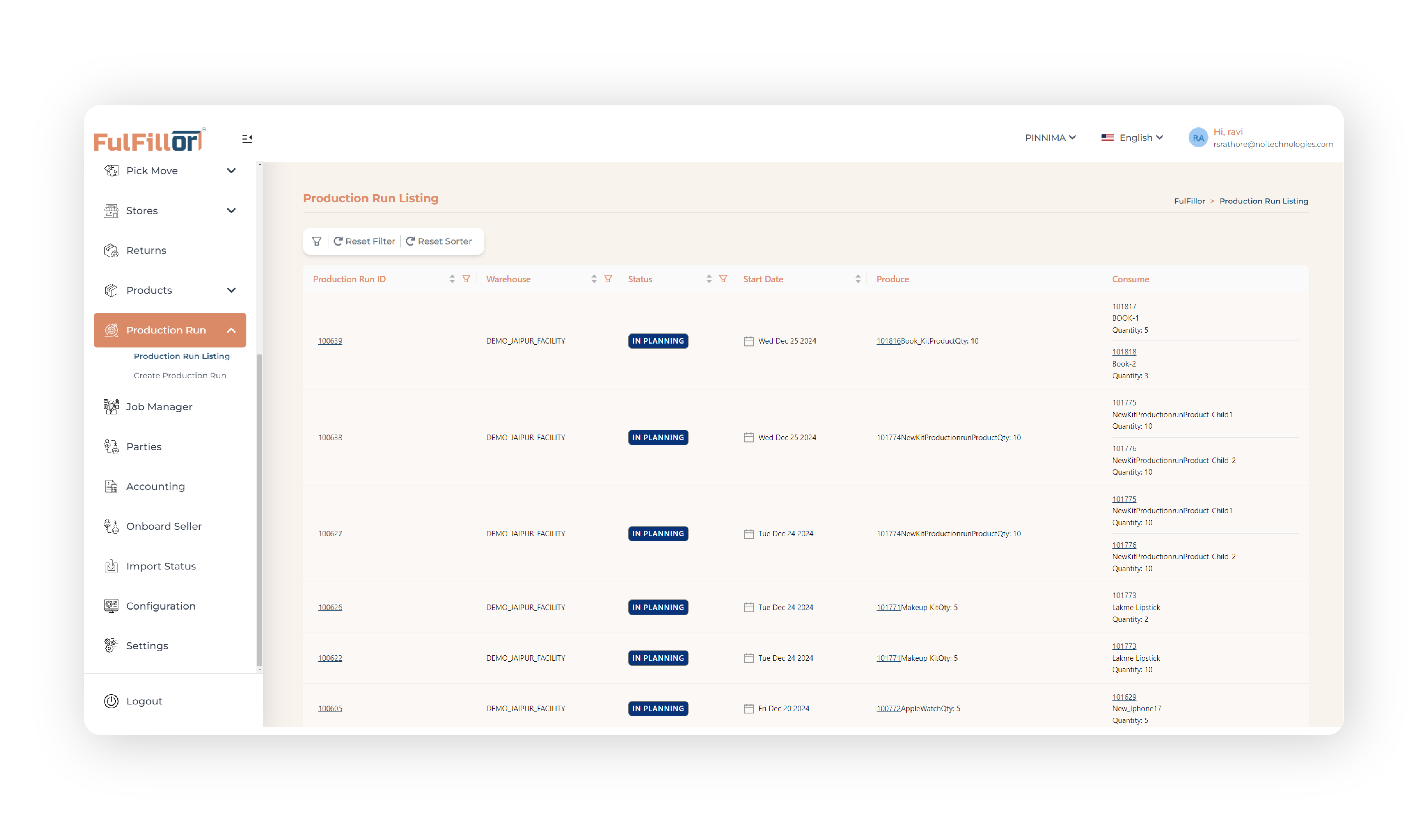 Fulfillor Production Run Listing Table