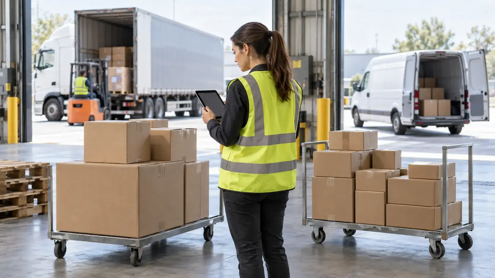 Warehouse staff reviewing shipping rules on a tablet at the loading dock
