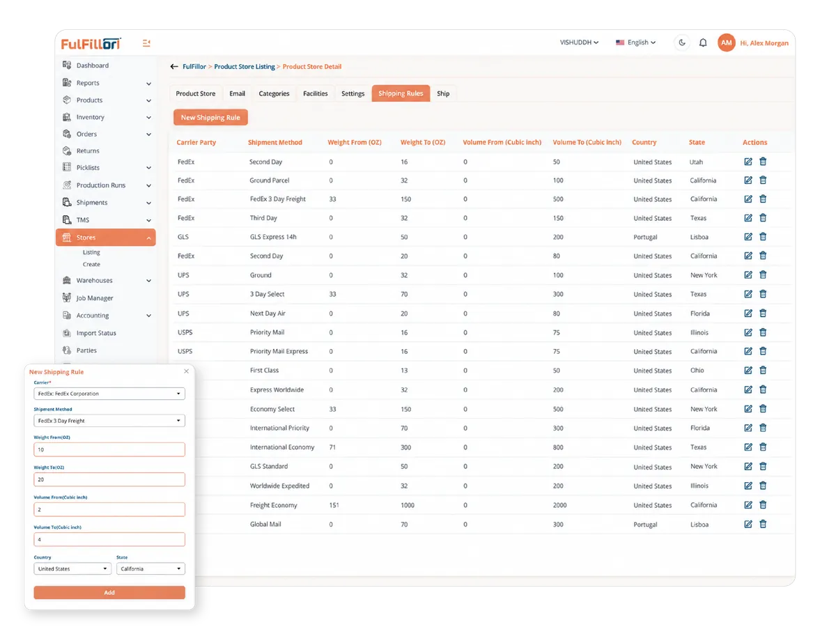 Shipping rule configuration with carrier, service, weight, package volume, and destination fields