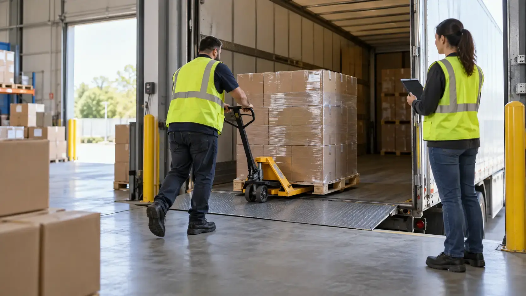 Warehouse team loading a pallet into a delivery truck