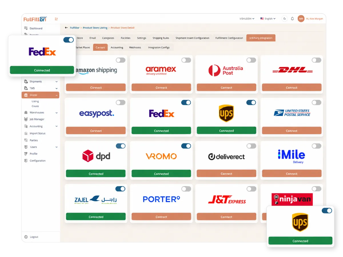 Carrier integration dashboard showing connected accounts and available shipping providers