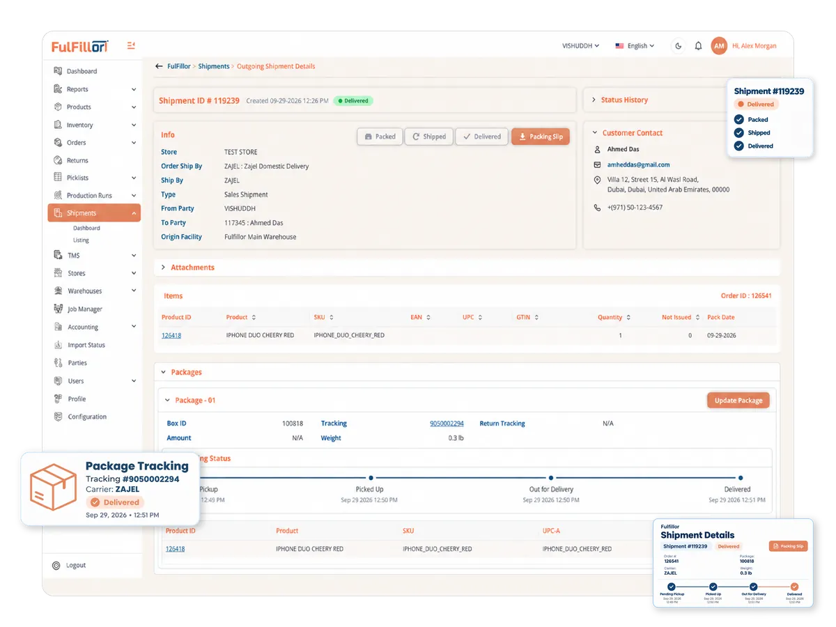 Shipment details showing carrier information, package tracking, and delivery status history