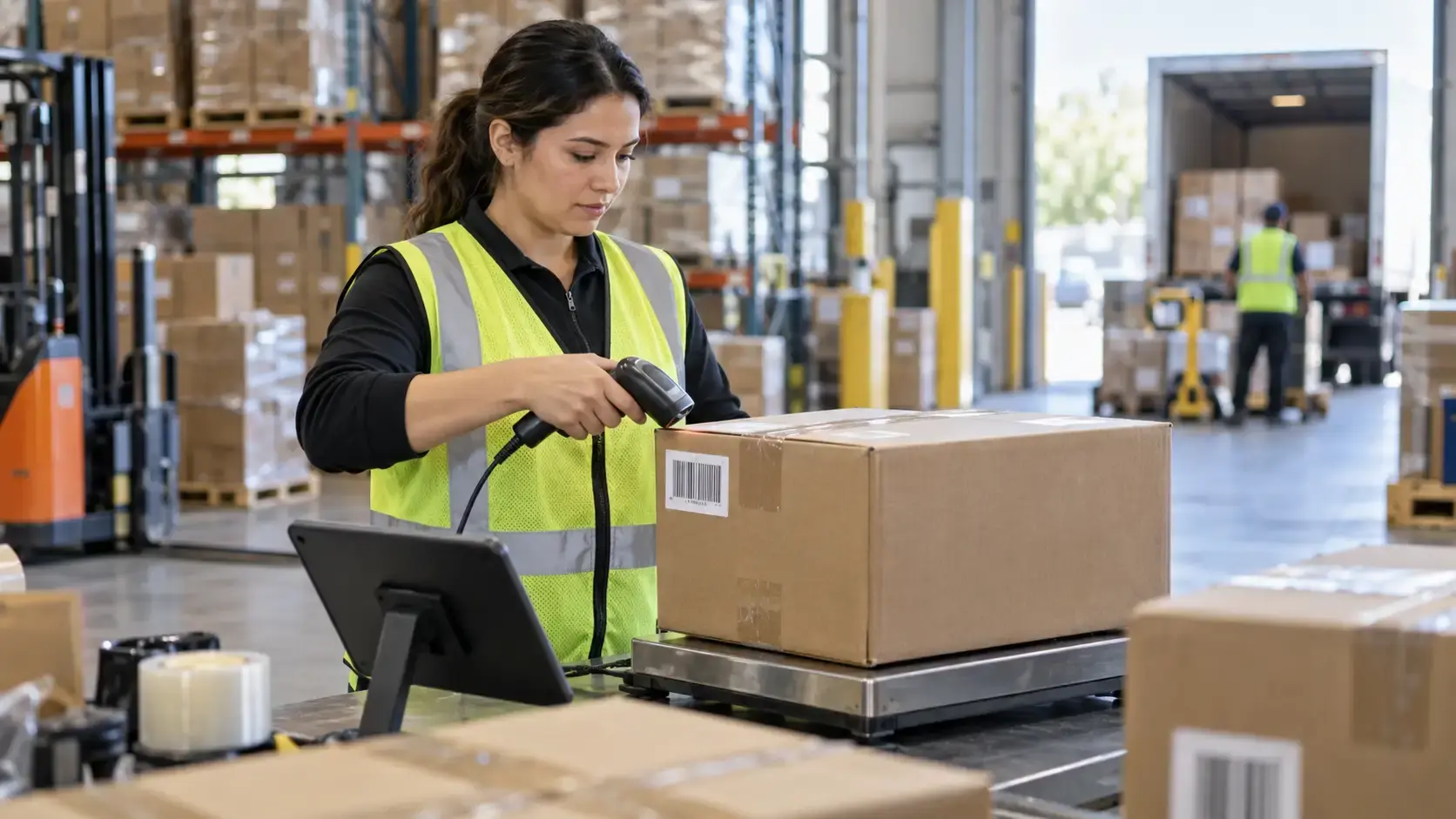 Warehouse worker scanning a package barcode before dispatch